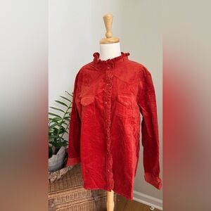 Back in the Saddle Rust Corduroy Ruffle Shirt Jacket L NWT